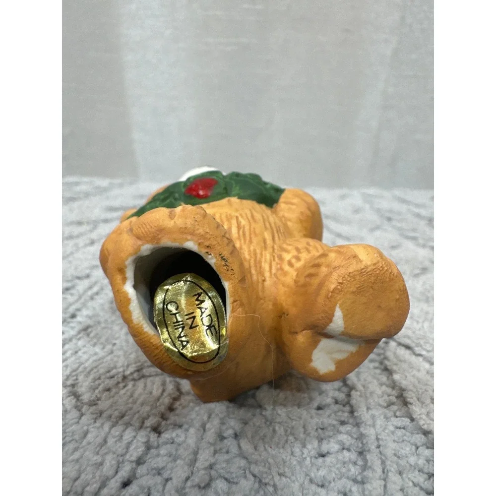 Vintage Ceramic Christmas Teddy Bear Ornament with Wreath and Red Hat‎ Holiday
